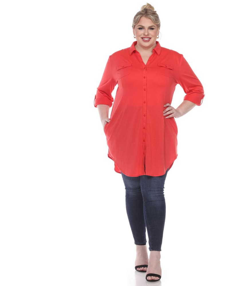 Front of a model wearing a size 4X Stretchy Button Down Tunic Top in Red by White Mark. | dia_product_style_image_id:257486